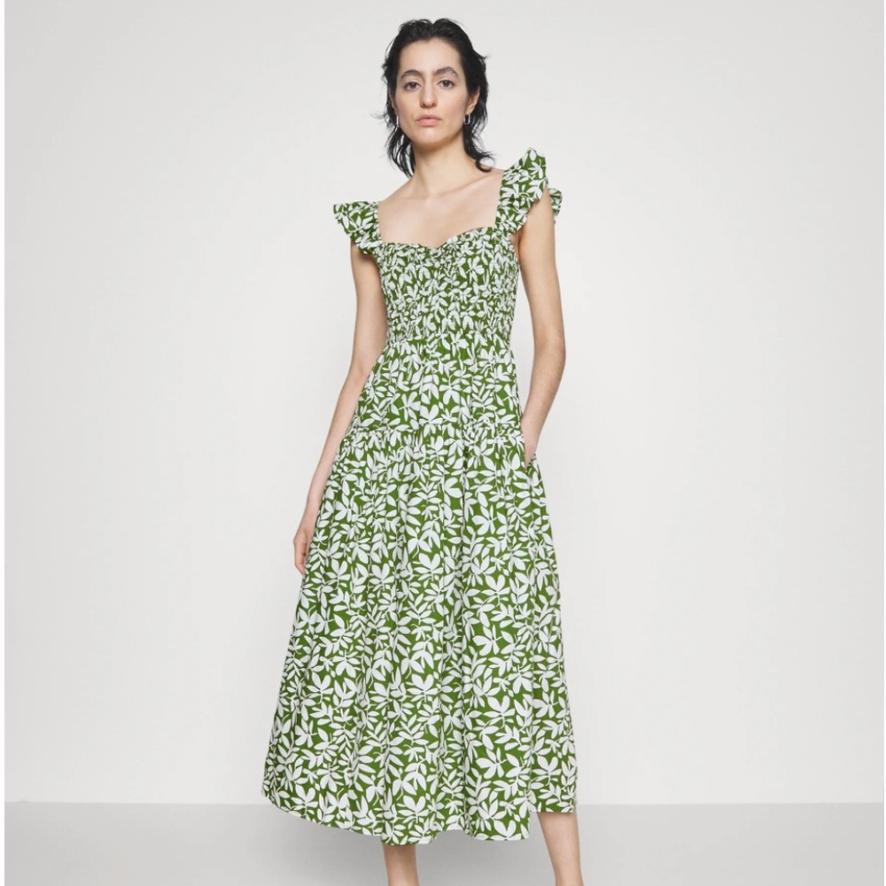 Abercrombie & Fitch Green White Floral Ruffle Strap Smocked Midi Dress S